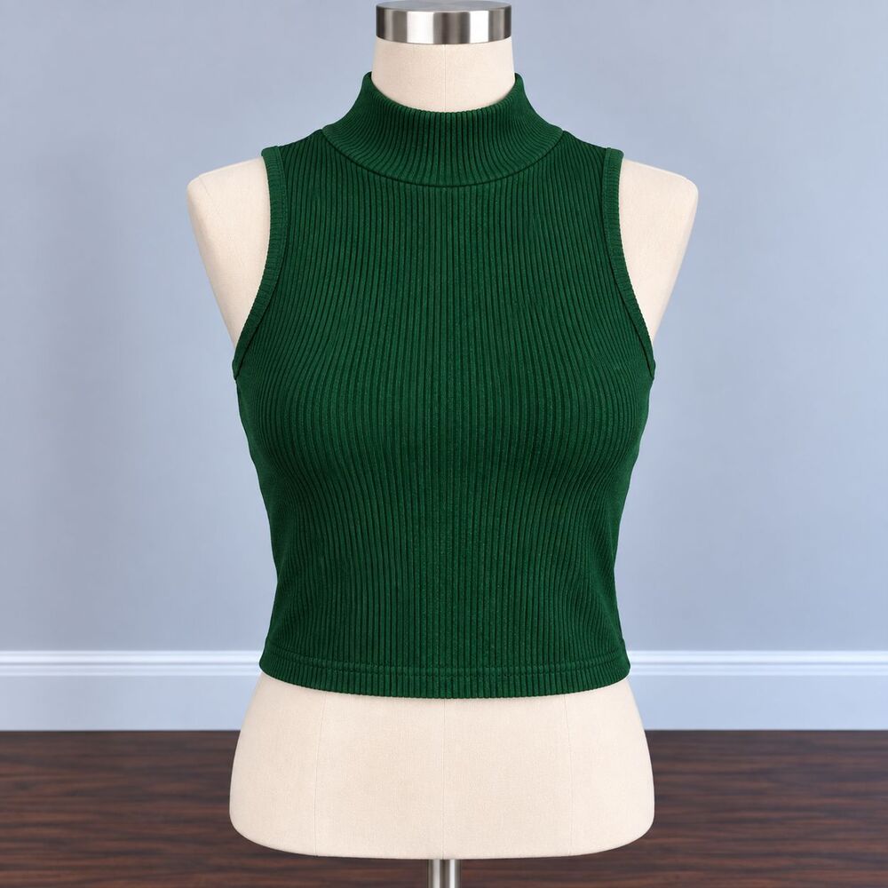 Zara Green Ribbed Knit Mock Neck Sleeveless Crop Tank Top M/L Stretch